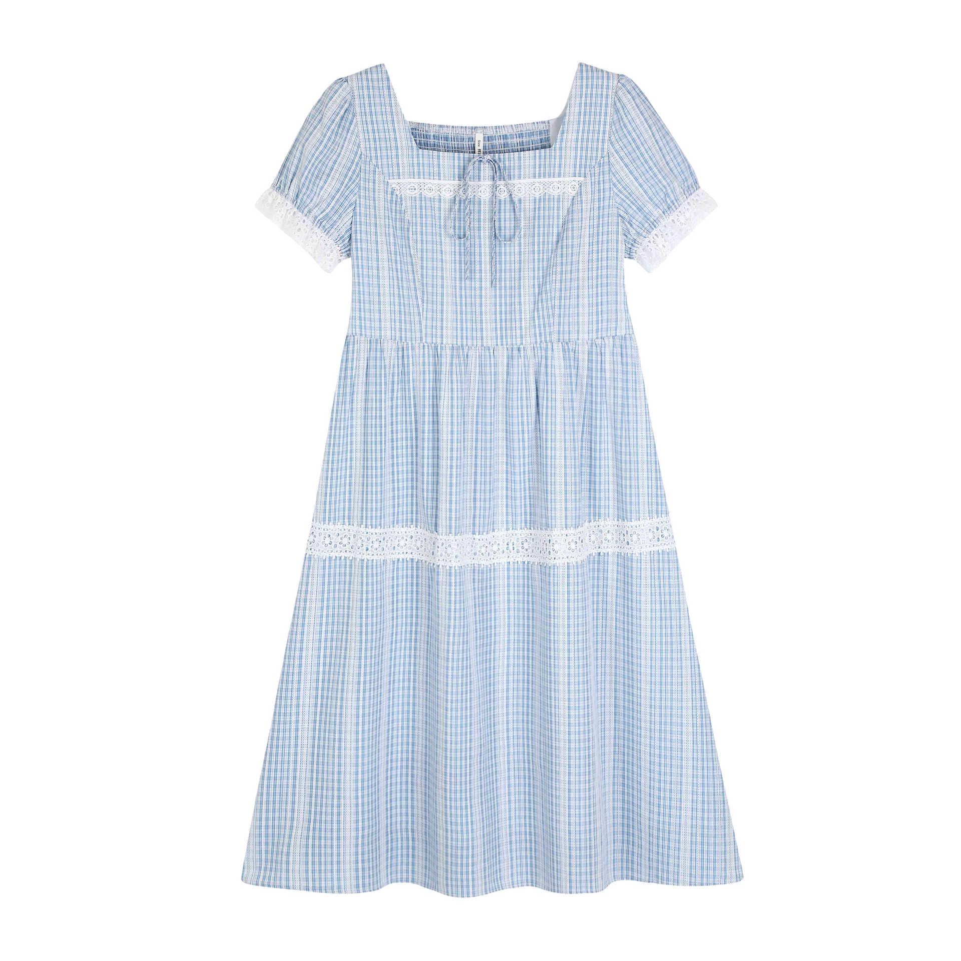 

Korean Style Elegant Jacquard Plaid Square Neck Plus Size Summer Dress with Slimming Waist 1XL (for 60-70 kg) синий