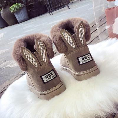 Fashion Rhinestone Rabbit Ear Women Winter Snow Boots Velvet Padded Shoes Boots Outdoor Fur Keep Warm Shoes Female Solid Casual Boots