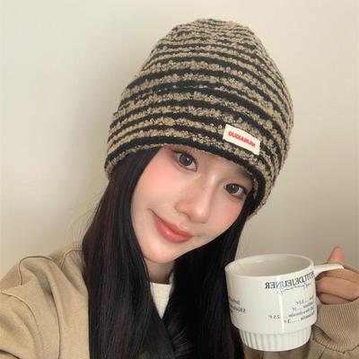 Big Head Circumference Cold Hat Plush Bag Head Knitted Pile Hat Children Show Their Faces Small Autumn and Winter Cold and Warm Striped Wool Hat