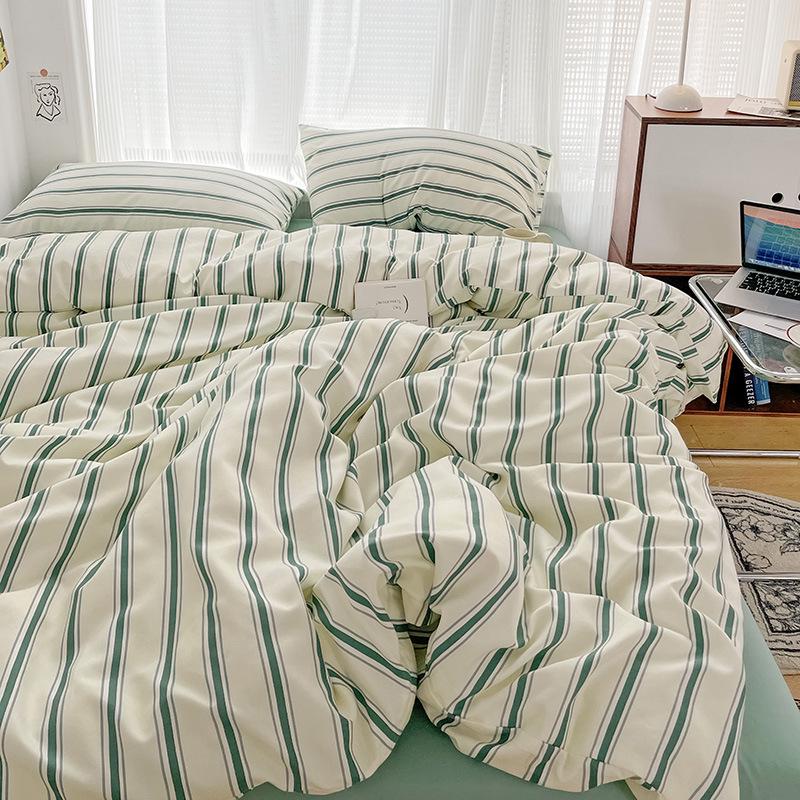 Korean Minimalist Striped Cotton Bedding Set: Duvet & Fitted Sheets for 1.8 Bed