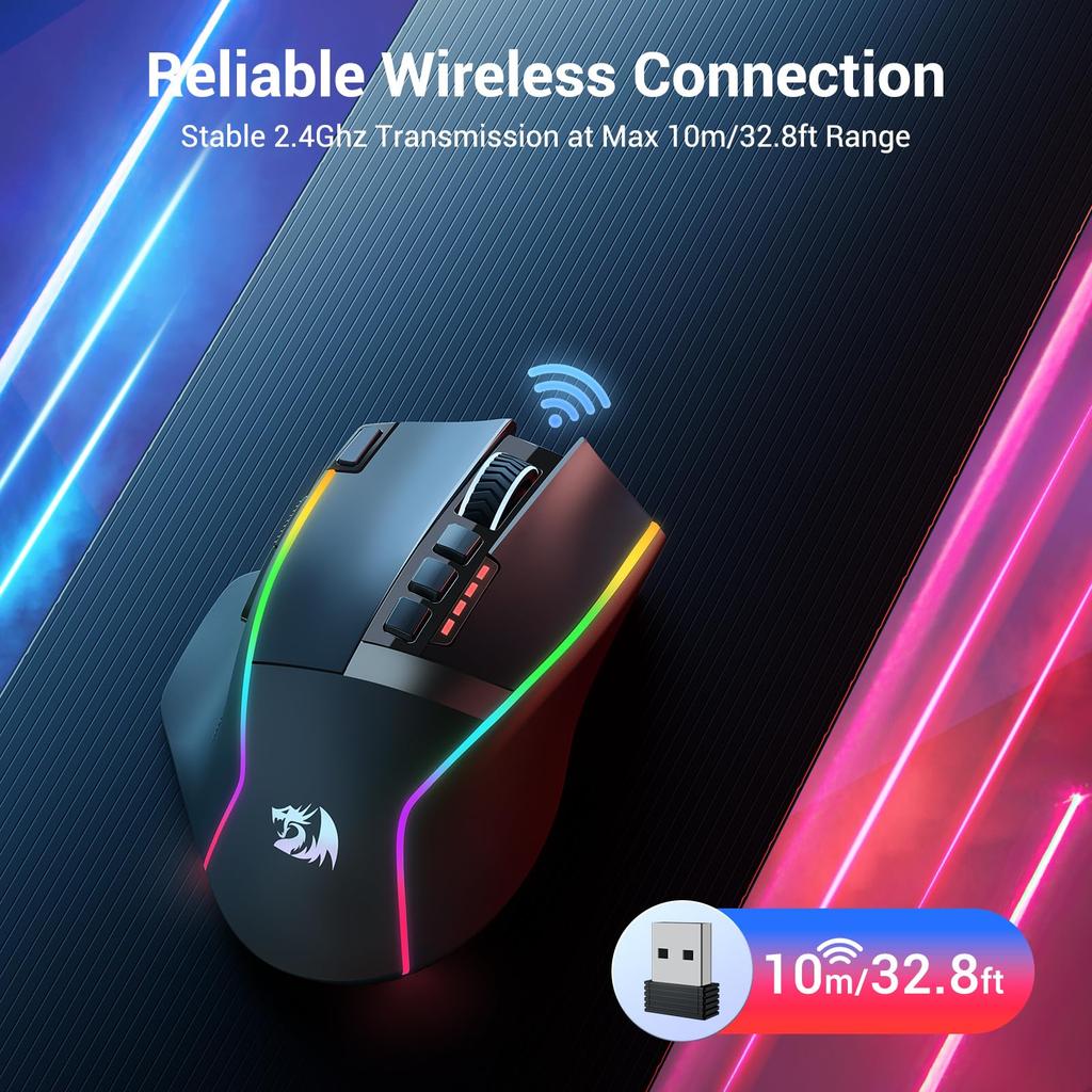 Redragon Mouse Ergonômico Sem Fio para Jogos 16000 DPI com Fogo Rápido 9 Macros Capacidade de Energia Durável e Retroiluminação RGB para Mouse, Tecla, Botões, 170 Horas