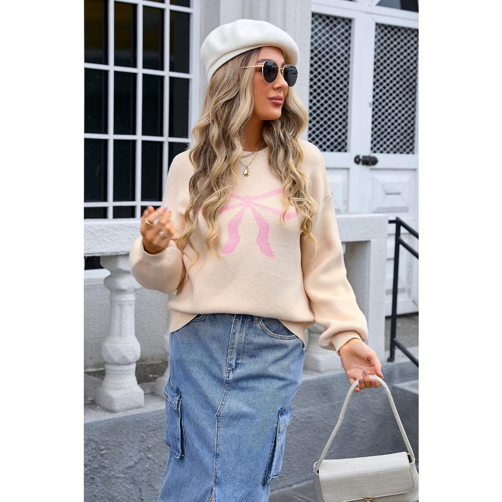 

Весна 2025 Новая женская одежда Хит продаж Свитер Бант Мода Большой размер Вязаный свитер Женщины S абрикосовый