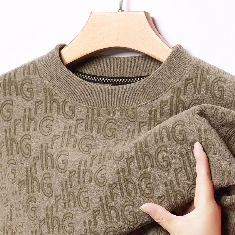 Men s Coral Fleece Velvet Thick Hoodie - Round Neck Jacquard Casual Long Sleeve Top, Autumn/Winter Collection. 165/M