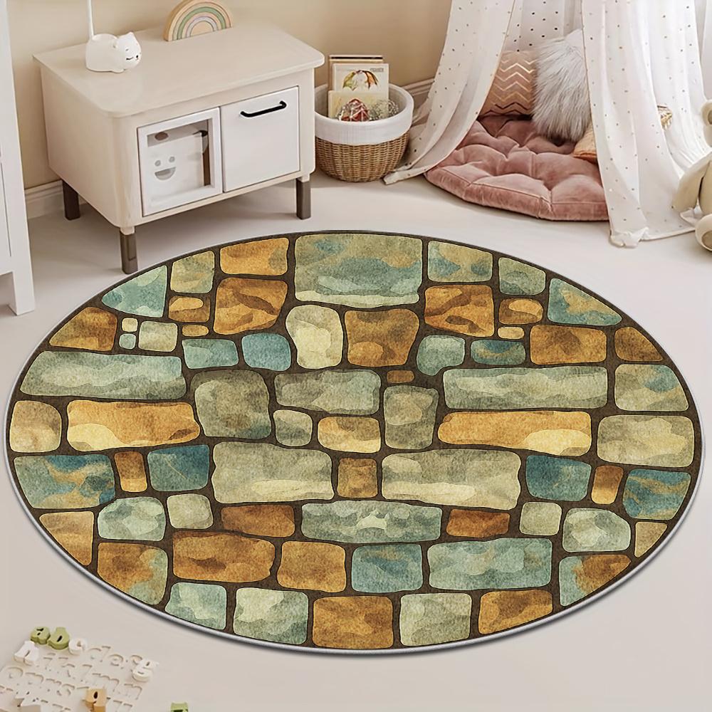 Rustic Stone Pattern Round Area Rug Watercolor Cobblestone Circular Floor Carpet Vintage Welcome Mat for Living Room Decor
