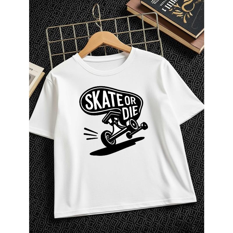 European Sizes Skateboard White Black Text Cotton Boys T-Shirt Boys Creative T-Shirt, Casual Weight Comfortable Short Sleeve Top, Summer Clothing