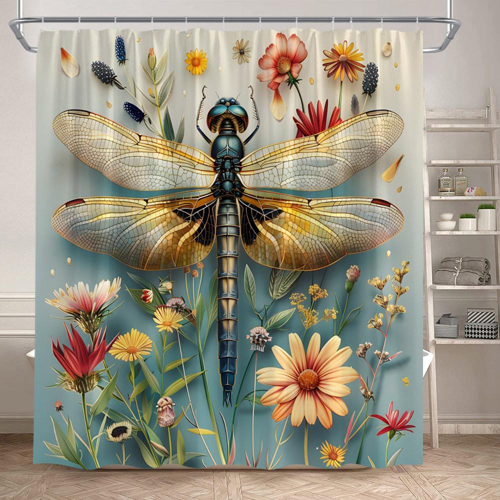 Colourful Dragonfly Shower Curtains Full Moon Night Starry Sky Plant Floral Bath Curtain Polyester Fabric Bathroom Decoration