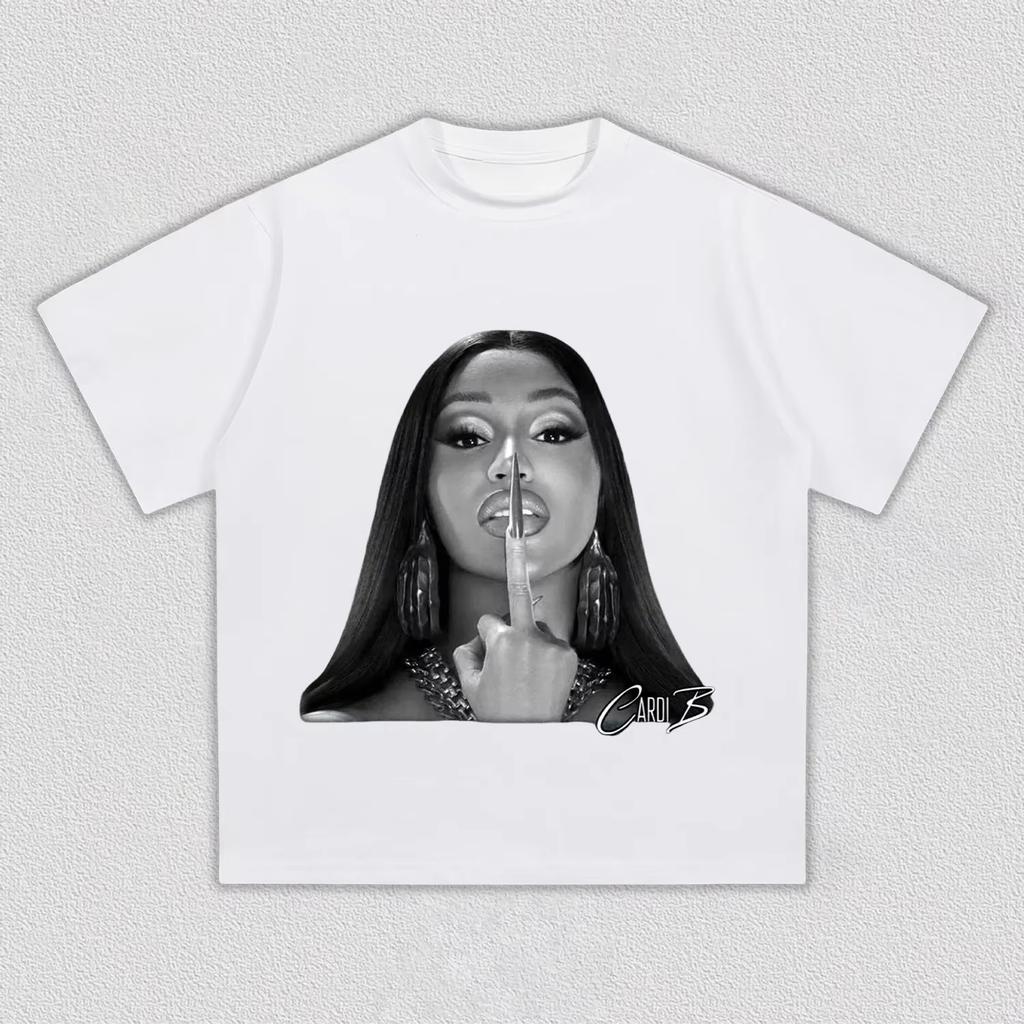 Cardi B Graphic T-shirt, Unisex Hip-Hop Rapper Logo Print, Black & White Casual Pure Cotton Streetwear Women and Men T-shirts