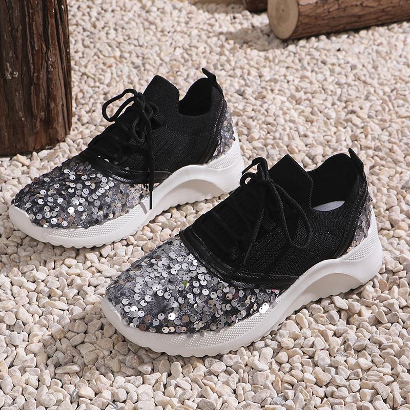 Silver Glitter Sneakers for Women Spring 2025 Platform Flat with Knitted Shoes Woman Patchwork Breathable Casual Shoes Flats 43