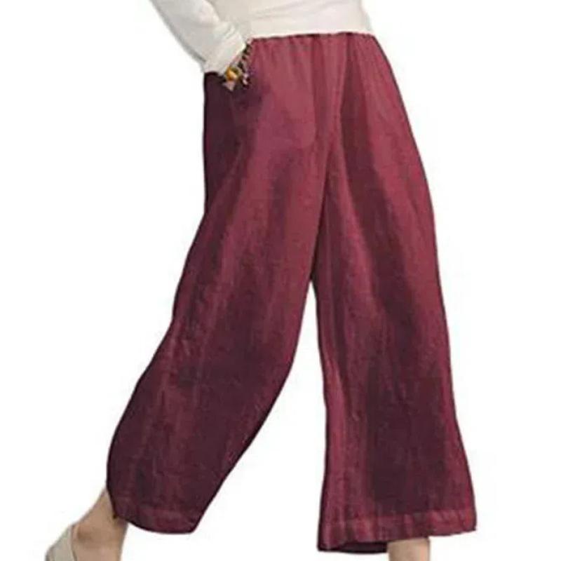 2026 New Women's Linen Cotton Wide Leg Pants, Elastic Waist Cropped Culottes for Spring Summer Casual Wear