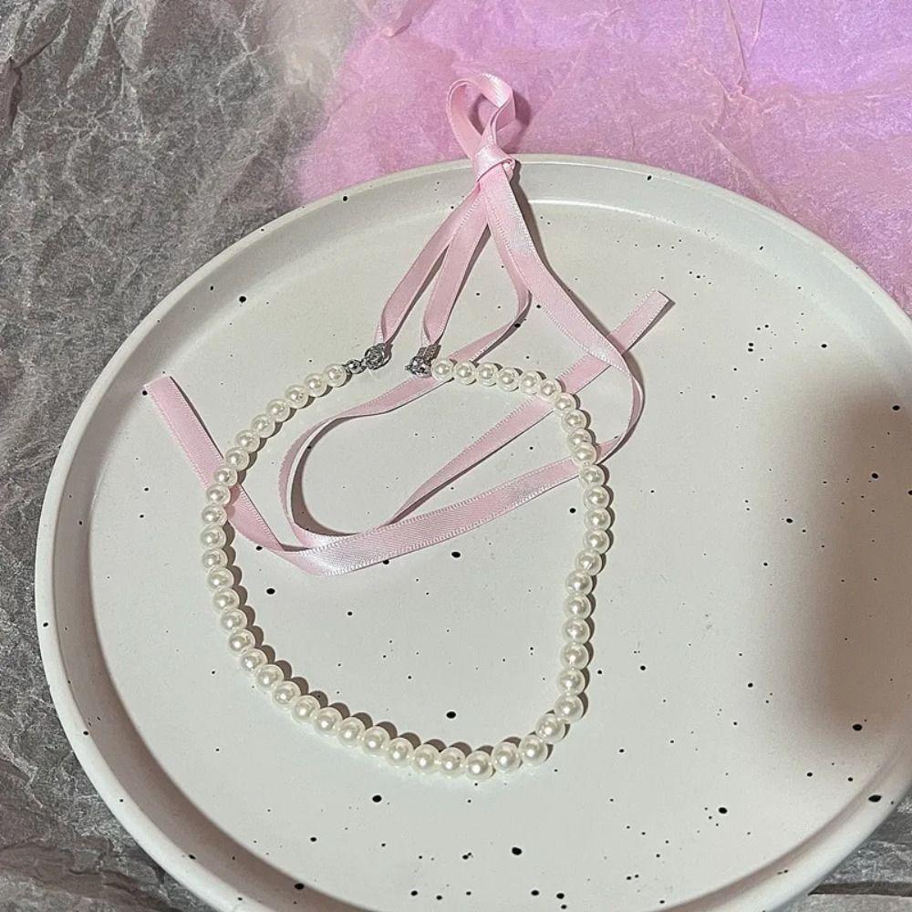 Zircon Bowknot Pendant Choker Korean Style Balletcore Choker Pink Bow Necklace Birthday Gift