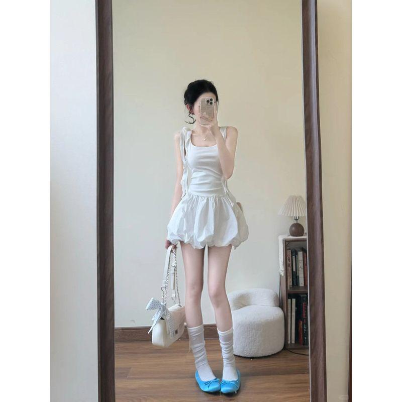 White Puffy Bud Short Culottes Women's Summer Thin High Waist A- Line Wide Leg Pants Slim Looking Small Quick-Drying Bloomers