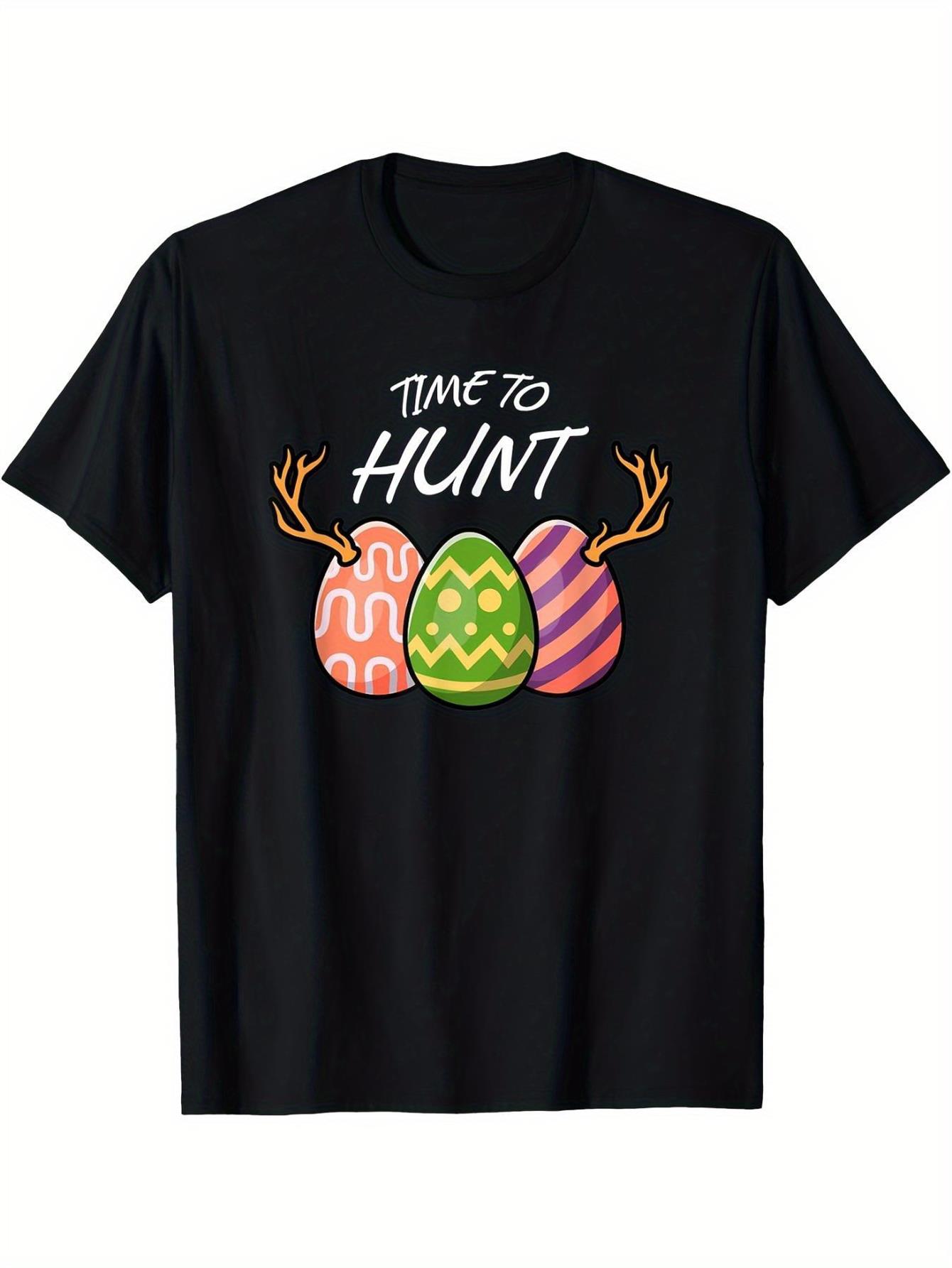 MenS Funny Easter Hunting TShirt  TIME to HUNT Graphic Tee with Deer Antlers  Easter Eggs  Heavyweight 180gsm Crew Neck S