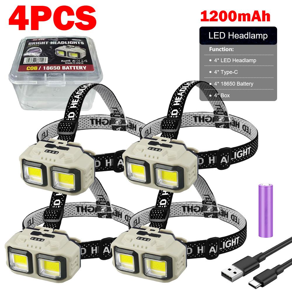 Powerful COB LED Headlamp Waterproof USB C Rechargeable Head Flashlight 18650 EDC Head Torch for Outdoors Hiking Fishing Camping