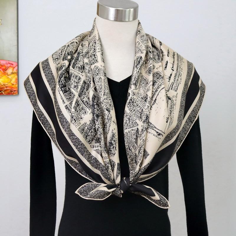 100% Mulberry Silk Scarf 90cm Square Twill Weave Paris Print Women