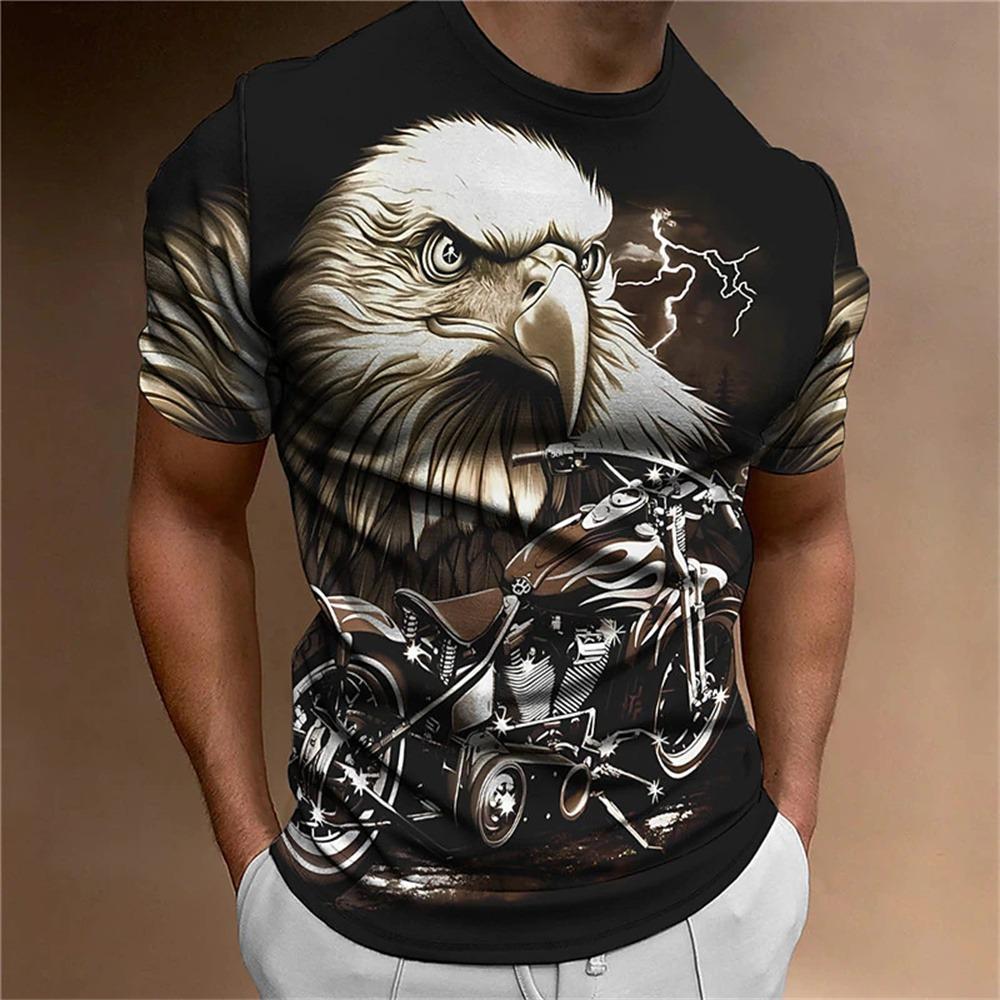 Men's Animal Pattern T-Shirt, Eagle, Motorcycle, 3D Print, Vintage Trendy Loose Large Size Casual Street Short Sleeve Top