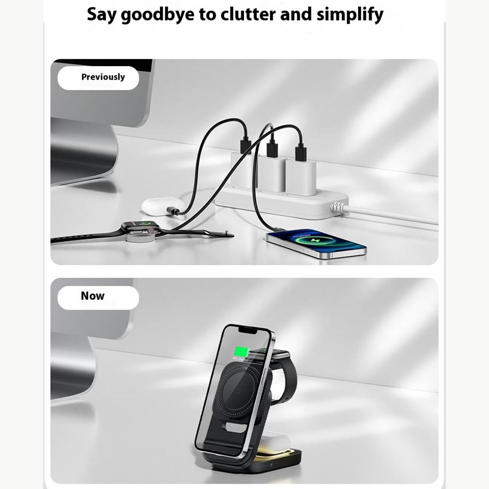 HT-542 3 in 1 Foldable 15W Magnetic Wireless Charger for Phone/Earbuds/Watch Phone Stand with Night Light