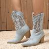 Fashion Liyke 2025 Autumn Winter Comfy Western Cowboy Boots Vintage Women Embroidery Denim High Heels Party Dress Ladies Shoes Booties