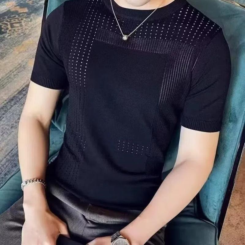 Letni okrągły dekolt lodowy jedwab ażurowy dzianinowy z krótkim rękawem bazowy cienki męski modny z półrękawem T-shirt oddychający sweter