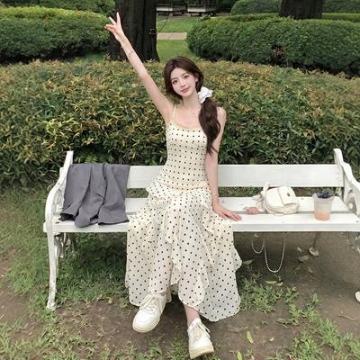 Vacation-style French Polka Dot Spaghetti Strap Dress for Women, Summer Ruffled Super Fairy Dress, Slim-fit, Waist-cinching A-line Long Dress