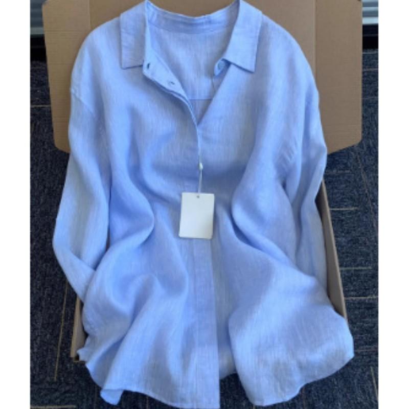 Women s Spring/Summer Retro-Style Loose-Fit Slimming Linen Shirt, Casual Cotton-Linen Long-Sleeve Top S синий