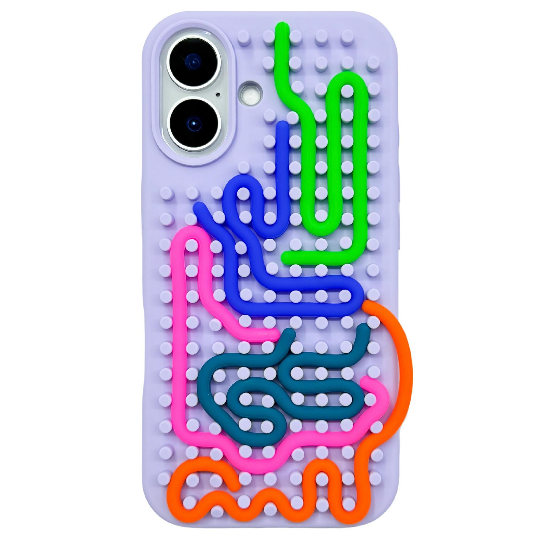 

For iPhone 16 Case 3D Stress Relief DIY Colorful Bar Silicone+PC Phone Cover Dots Design Purple