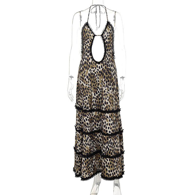 European and American Women Clothes 2024 Summer New Sexy Leopard Print Backless Lace Lace Up Hanging Neck Dress