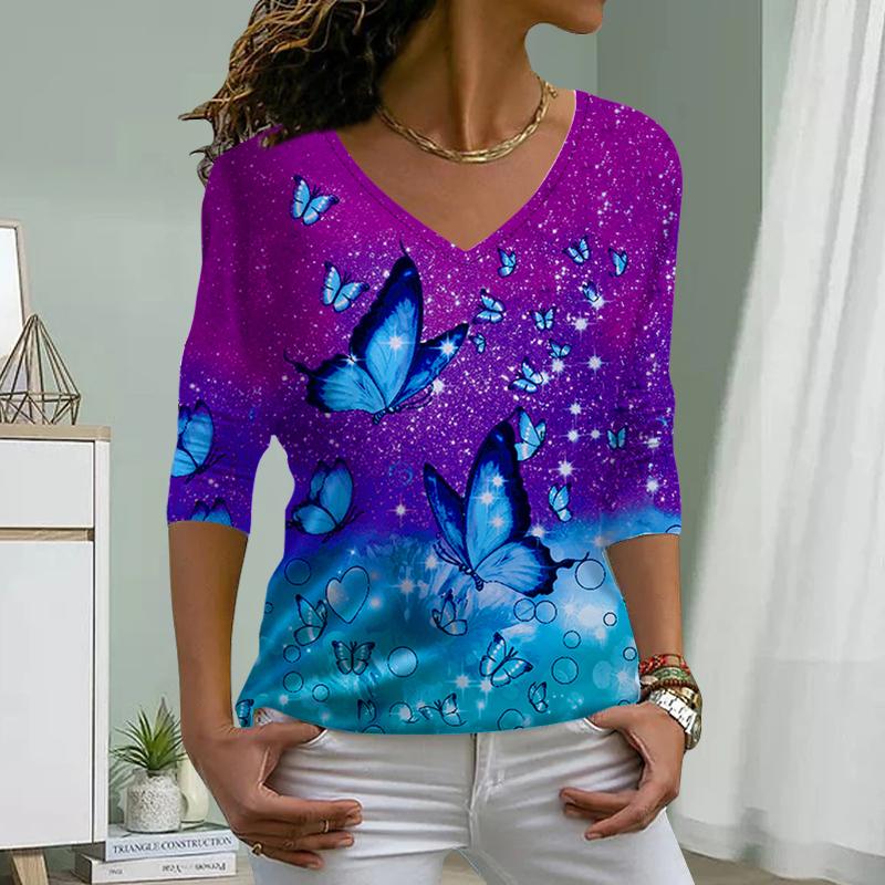 

Purple Butterfly Print Women Tshirts Ladies Tops Long Sleeve V-neck Pullover Femme T-shirts T Shirt For Women 8XL різнокольоровий