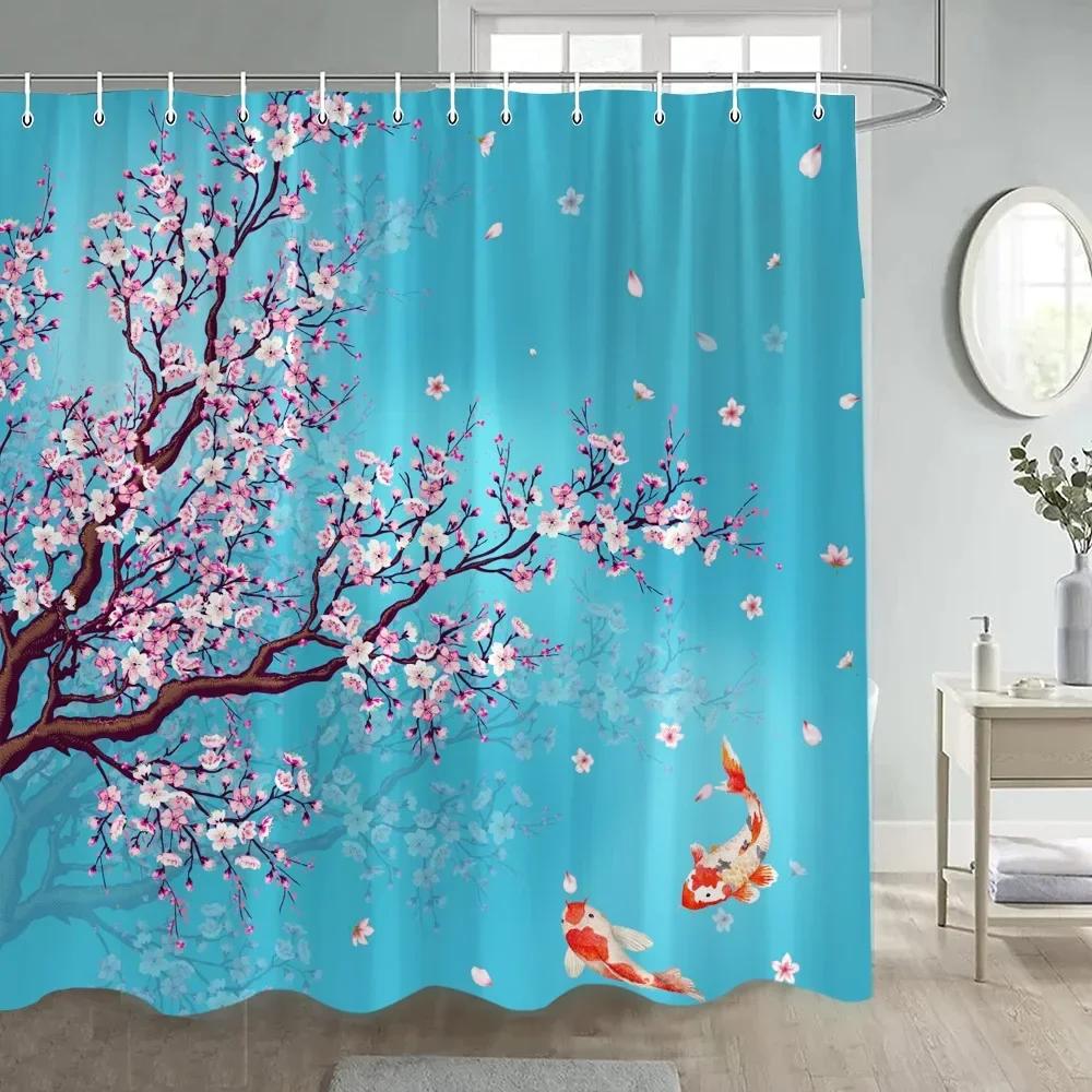 

Розовые цветы Шторки для душа Вишневый цвет Цветочные Кои Японский стиль Занавеска для ванны Полиэстеровая ткань Декор для ванной комнаты с крючками 90x180cm-35x70in
