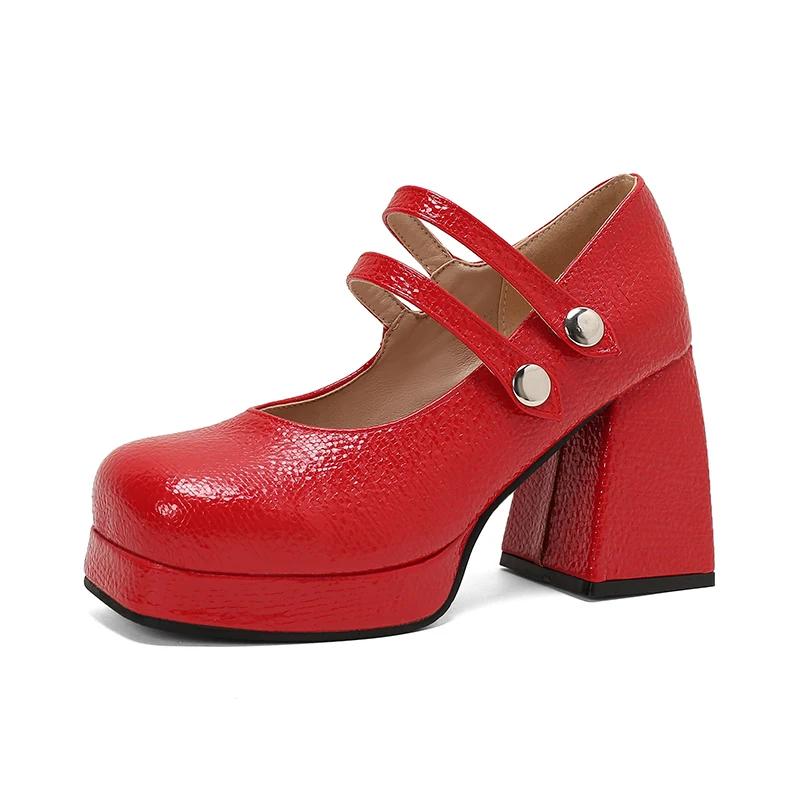 

Большой размер Двубортные металлические пуговицы Ультравысокие толстые каблуки Корейский стиль Высокие каблуки Квадратный носок Платформа Дышащие Туфли с вырезами 41 красный