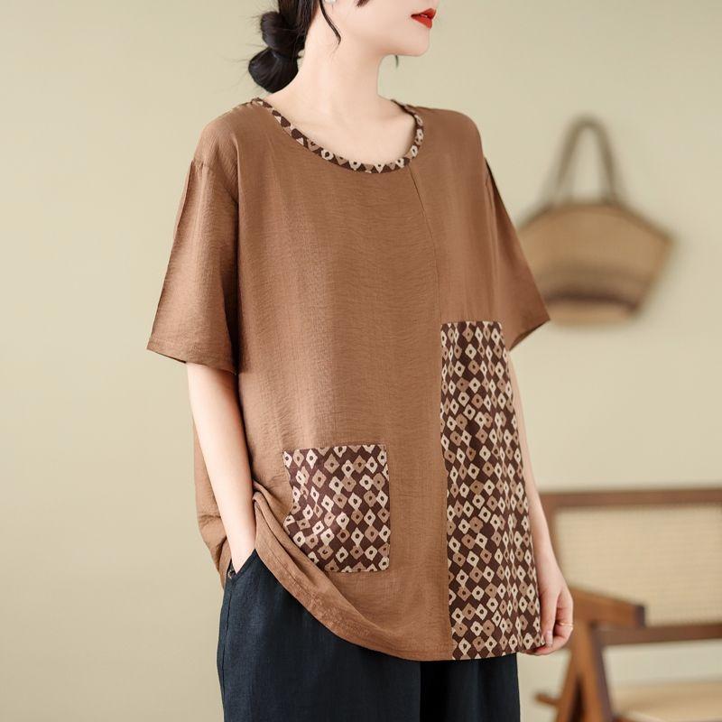 Summer New Artistic T-shirt Plus Size Women's Cotton and Linen Short-sleeved Shirt Middle-aged Loose Top