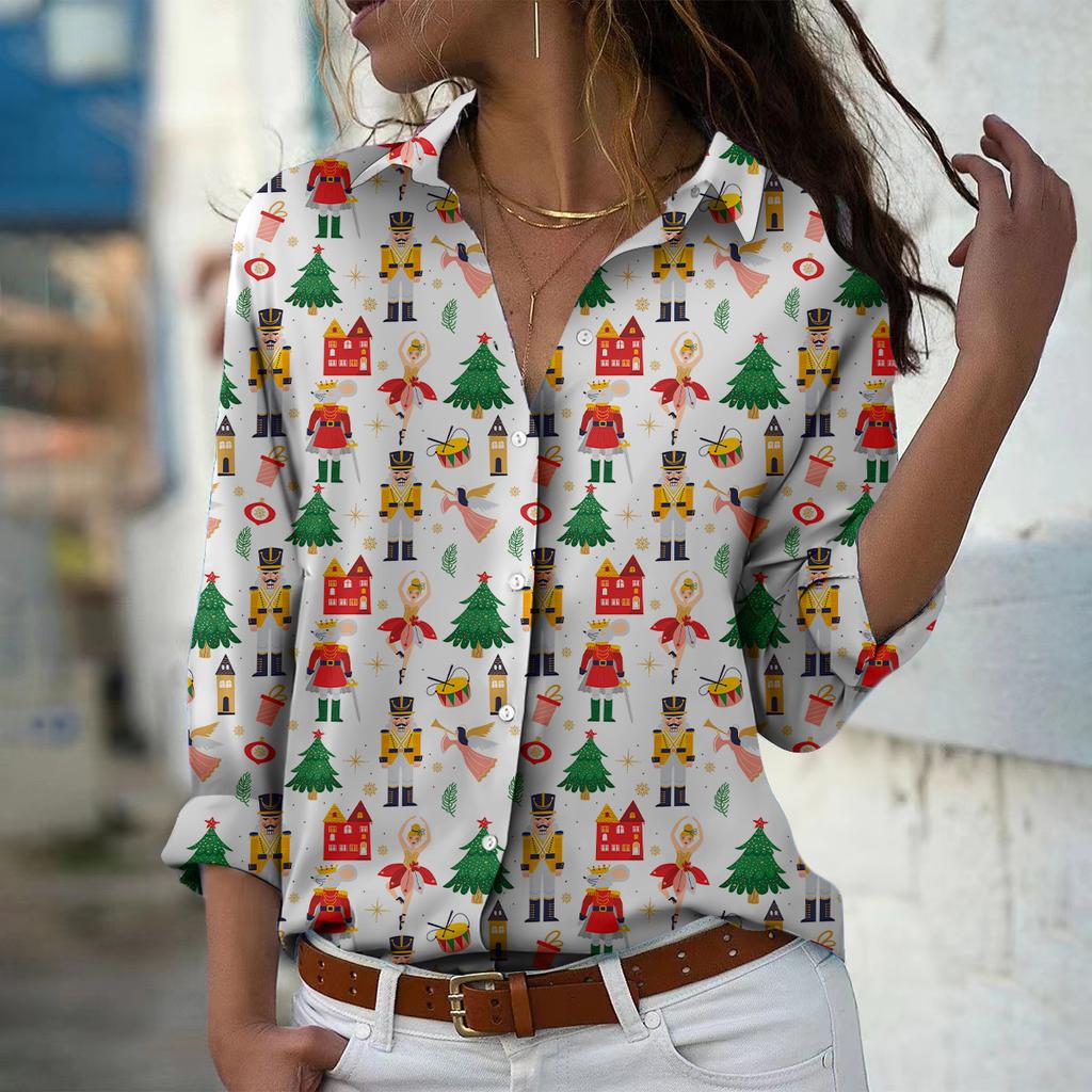 Christmas Tree Print Women Blouse Spring Autumn Femme Office Lady Button Up Turn Down Collar Shirts