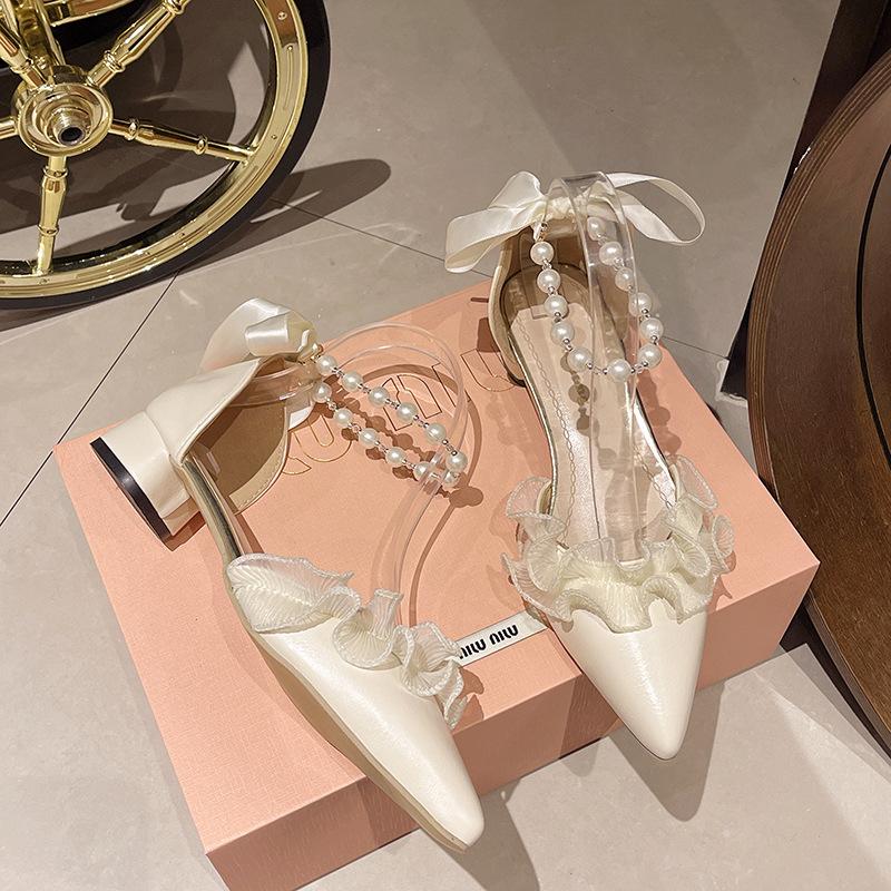 

Baotou sandals women s new summer fairy style lady hollow single shoes French pointed thick heel high heels 39 бежевый