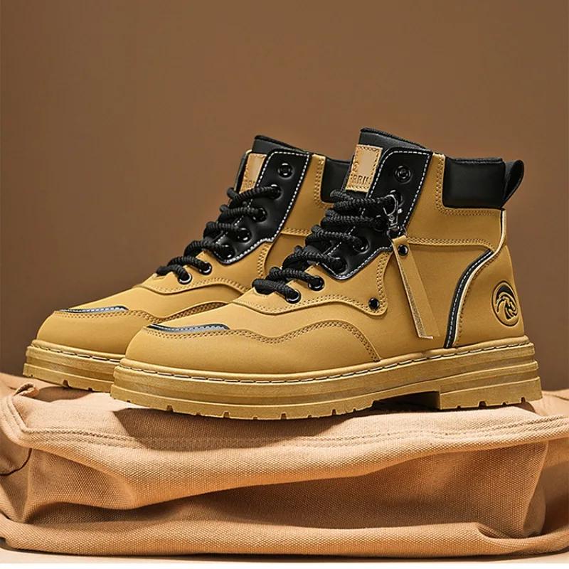 Fashion Men Boots 2024 Autumn High Top British Korean Thick Soled Platform Comfortable Non Slip Short Boots Outdoor Lace Up Cotton Boots