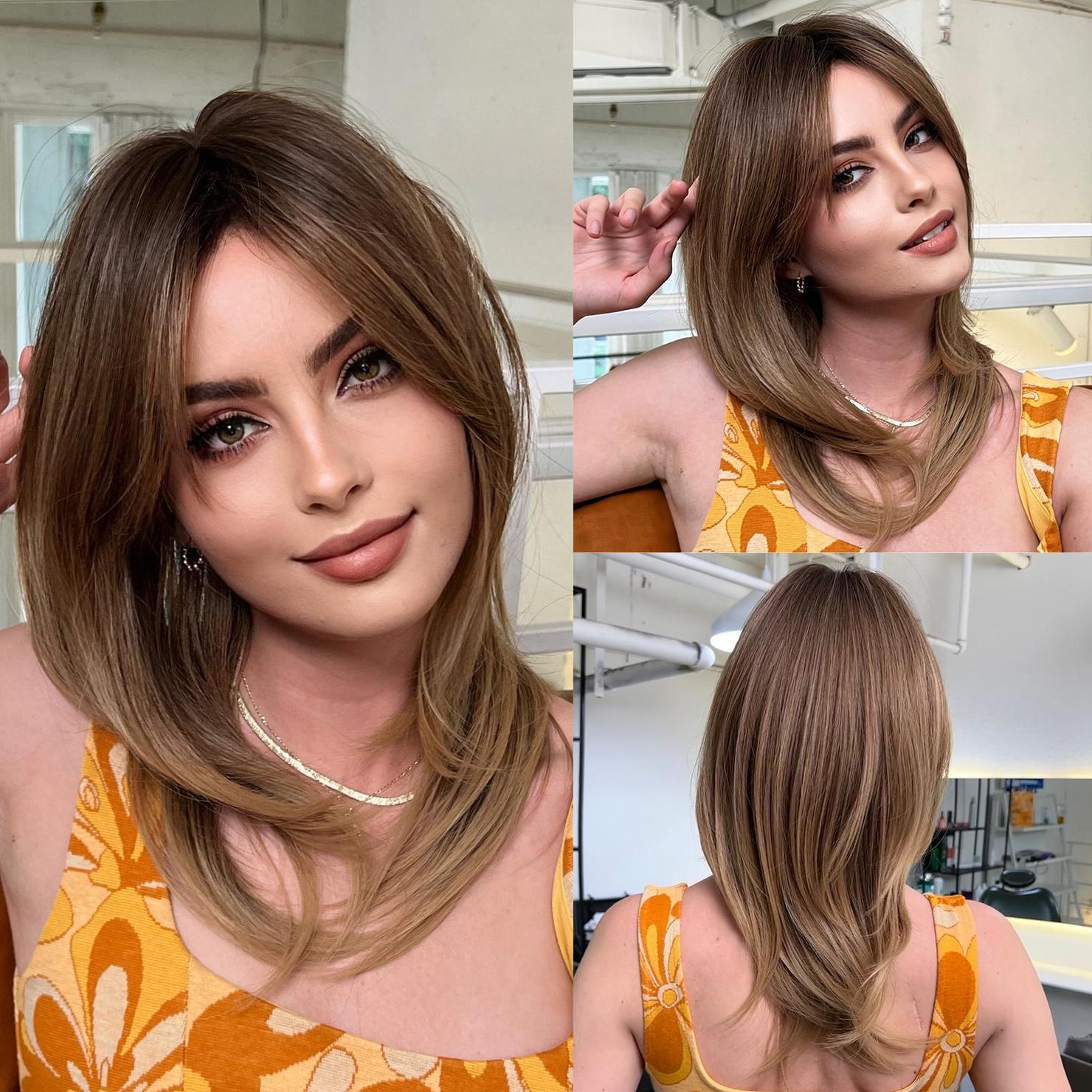 

ALAN EATON Средней длины прямые темно-коричневые синтетические парики для женщин с боковой частью натуральные парики из термостойкого волокна для повседневного использования косплей