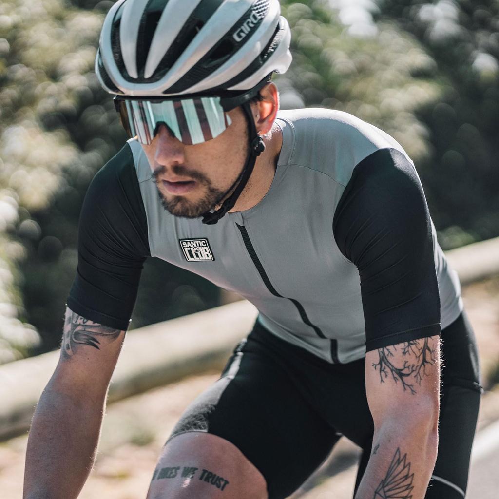 Santic Men's Short Sleeve Cycling Jersey, Spring/Summer, Lightweight, with Back Pocket, Breathable and Quick-Drying, Gray, Size S