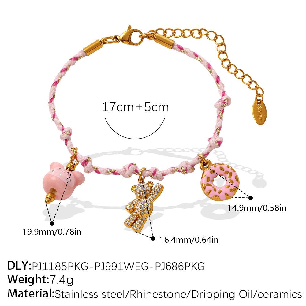 Pink rope bear strawberry necklace butterfly love diamond set sweet and cool niche neck chain bracelet set