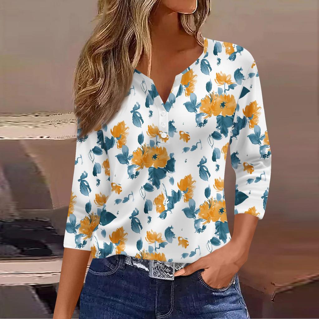Ladies Casual Fashion V-neck Loose Versatile Floral Print Three-quarter Sleeve Top
