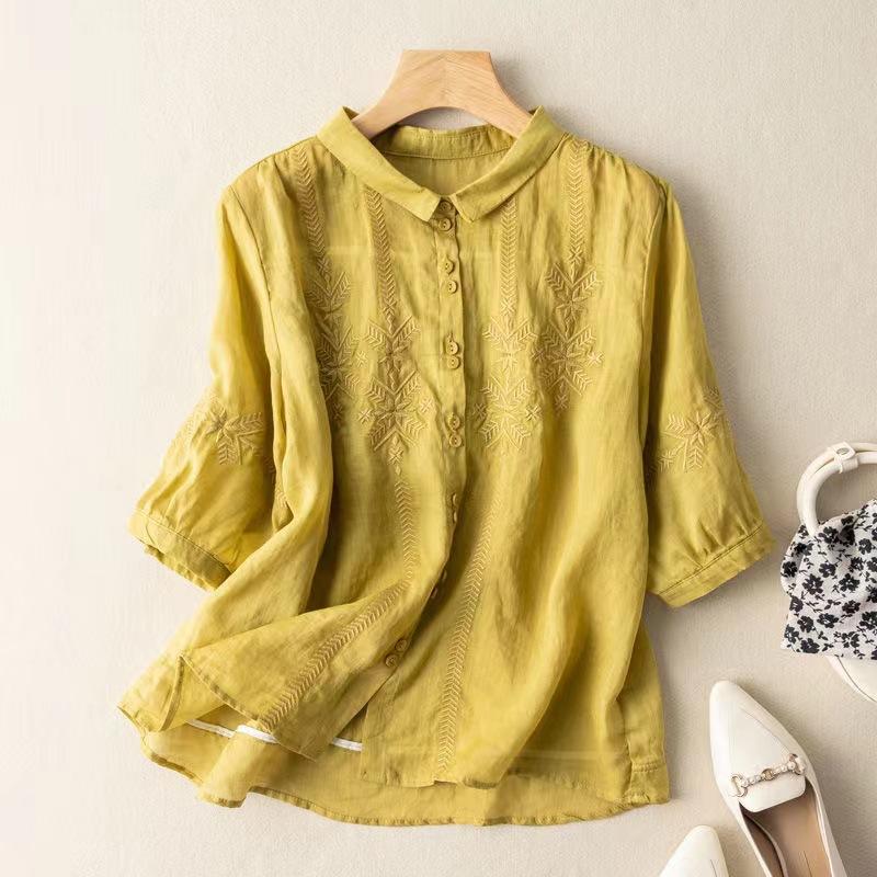 Export medium-sleeved cotton and linen shirt women's embroidery new thin cotton and linen top temperament loose and beautiful shirt women