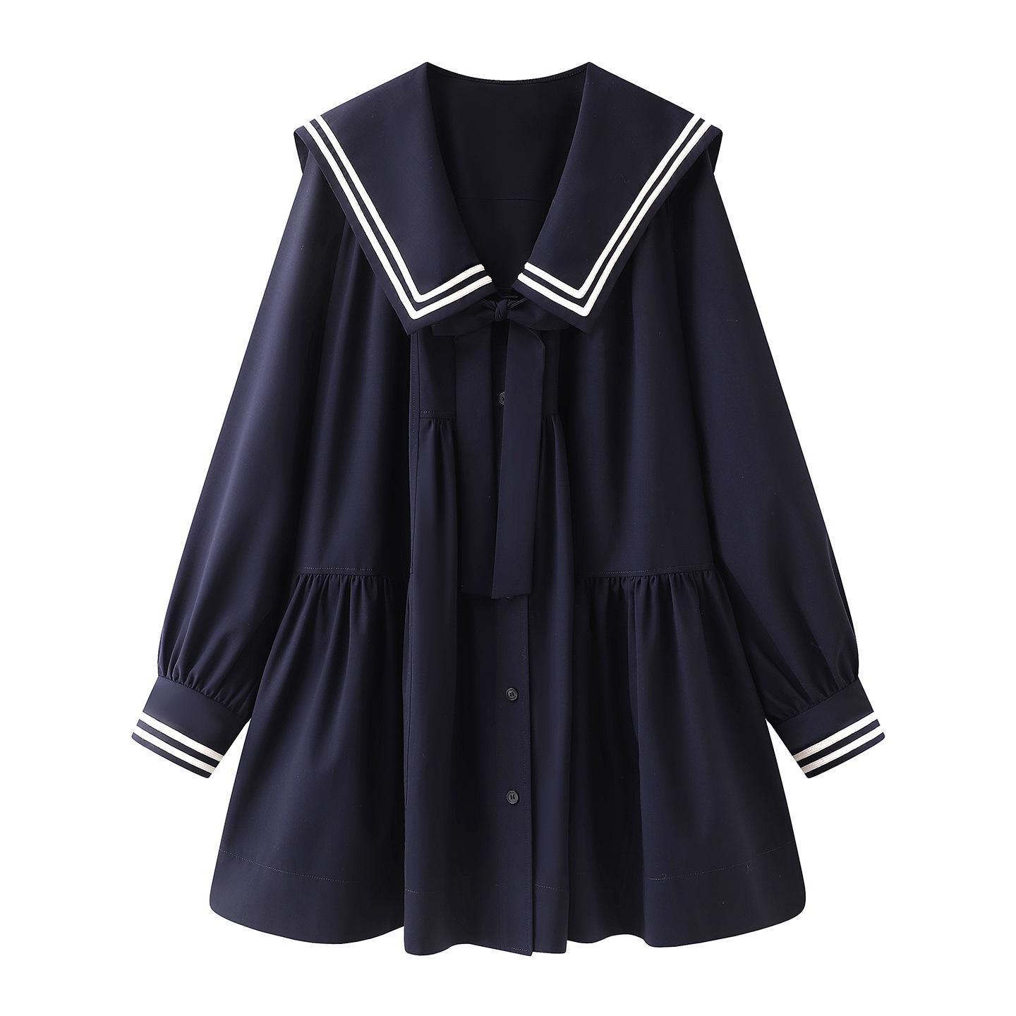 Spring 2026 Women s Navy Collar Academy Style Bow Tie Dress Large темно-синий