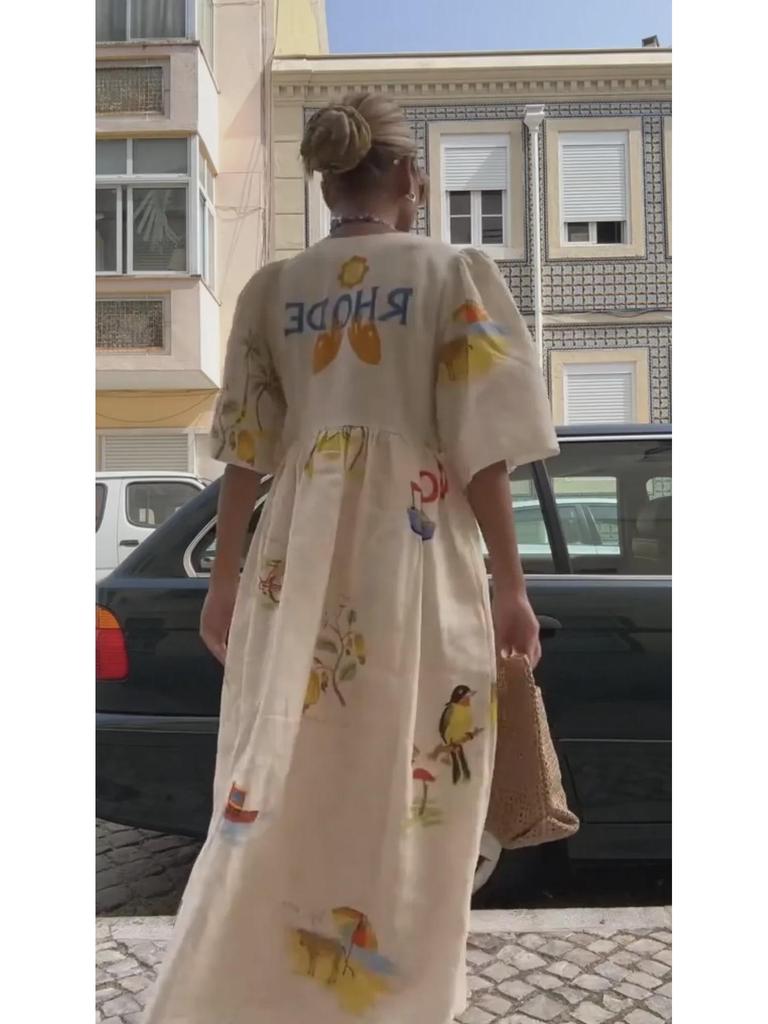 Bedrucktes Kleid mit V-Ausschnitt und kurzen Ärmeln – Frühjahr/Sommer 2024, europäischer und amerikanischer Stil