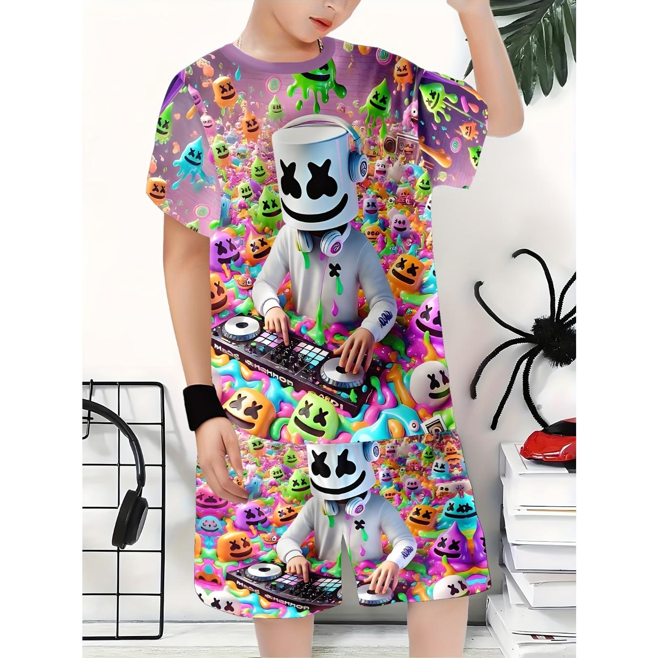 Boys 3D Printed Casual Pullover Shorts Set - Vibrant Cartoon Character Design, Short Sleeve 5-6Y