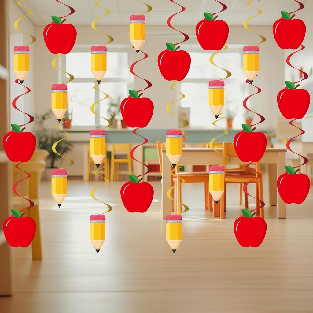 60PCS Back To School Party Swirls Decorations First Day of School Hanging Swirls Welcome Back To School Apple Pencil Hanging Decor Supplies for