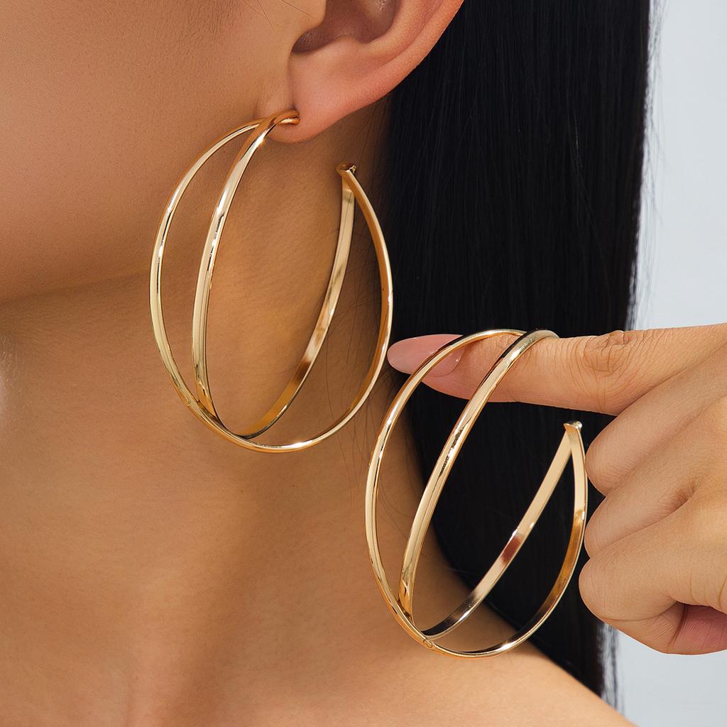 Exaggerated Double-layer Crossed Large Earrings, Glossy Gold Geometric Ring Earrings, Style Personalized Women's Versatile Earrings