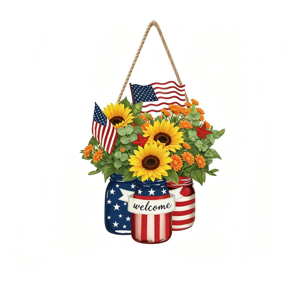 Wooden Hanging Welcome Sign with Striped and Star Patterned Jars and Floral Arrangement for Home Party Decor