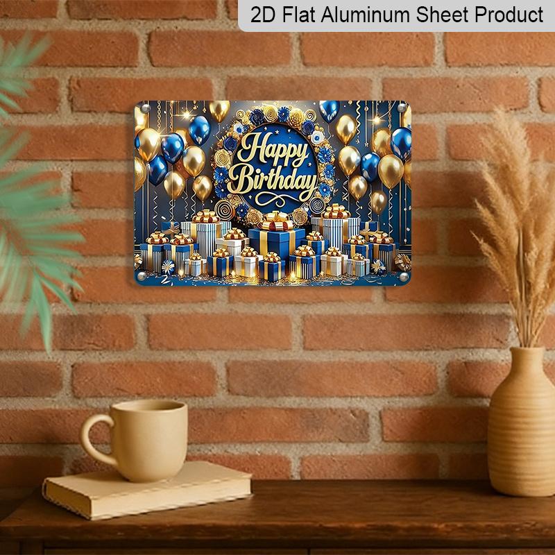 2D Flat, 1pc "Happy Birthday" Blue & Gold Plaque - Luxury Birthday Decor Sign with Balloons & Gifts, Navy Blue & Gold - Aluminium Wall Hanging