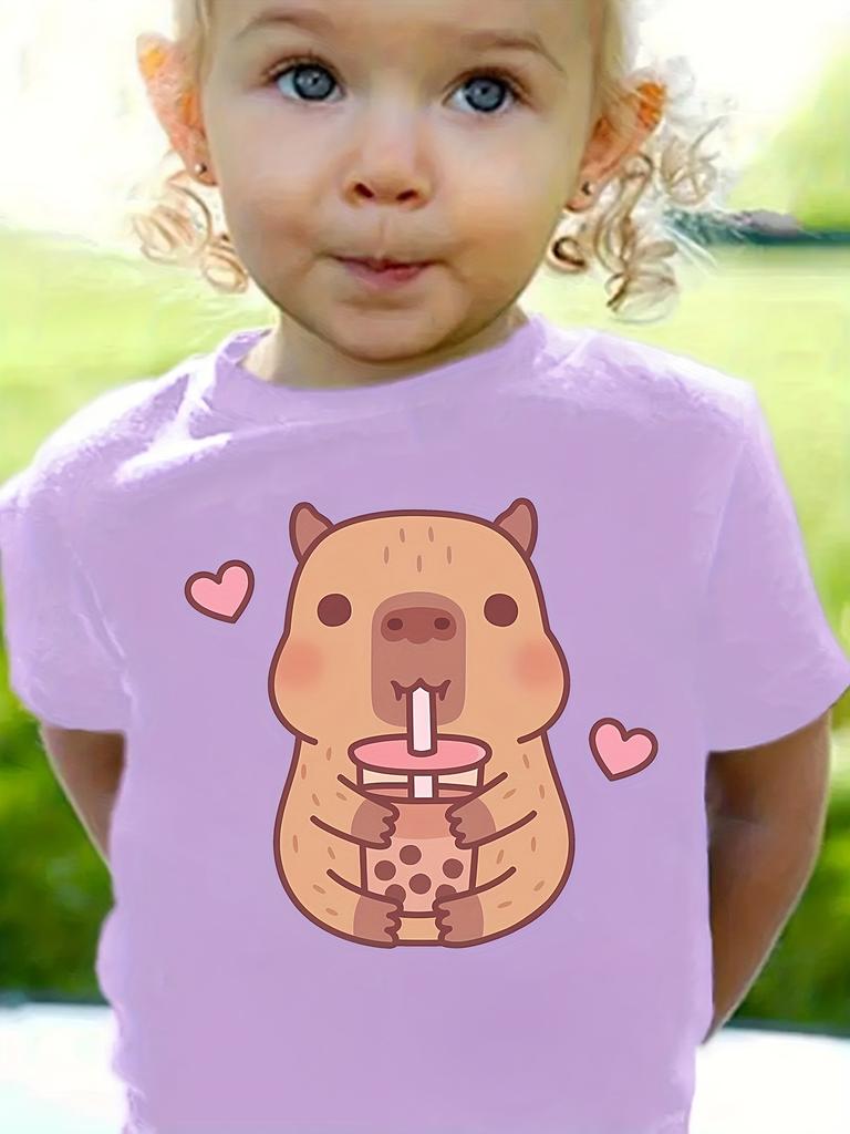 Cute Capybara Print Girls Summer Clothes Crew Neck T-Shirts for Girls Short Sleeve Tee Kids Clothes T-Shirts Girl Clothing