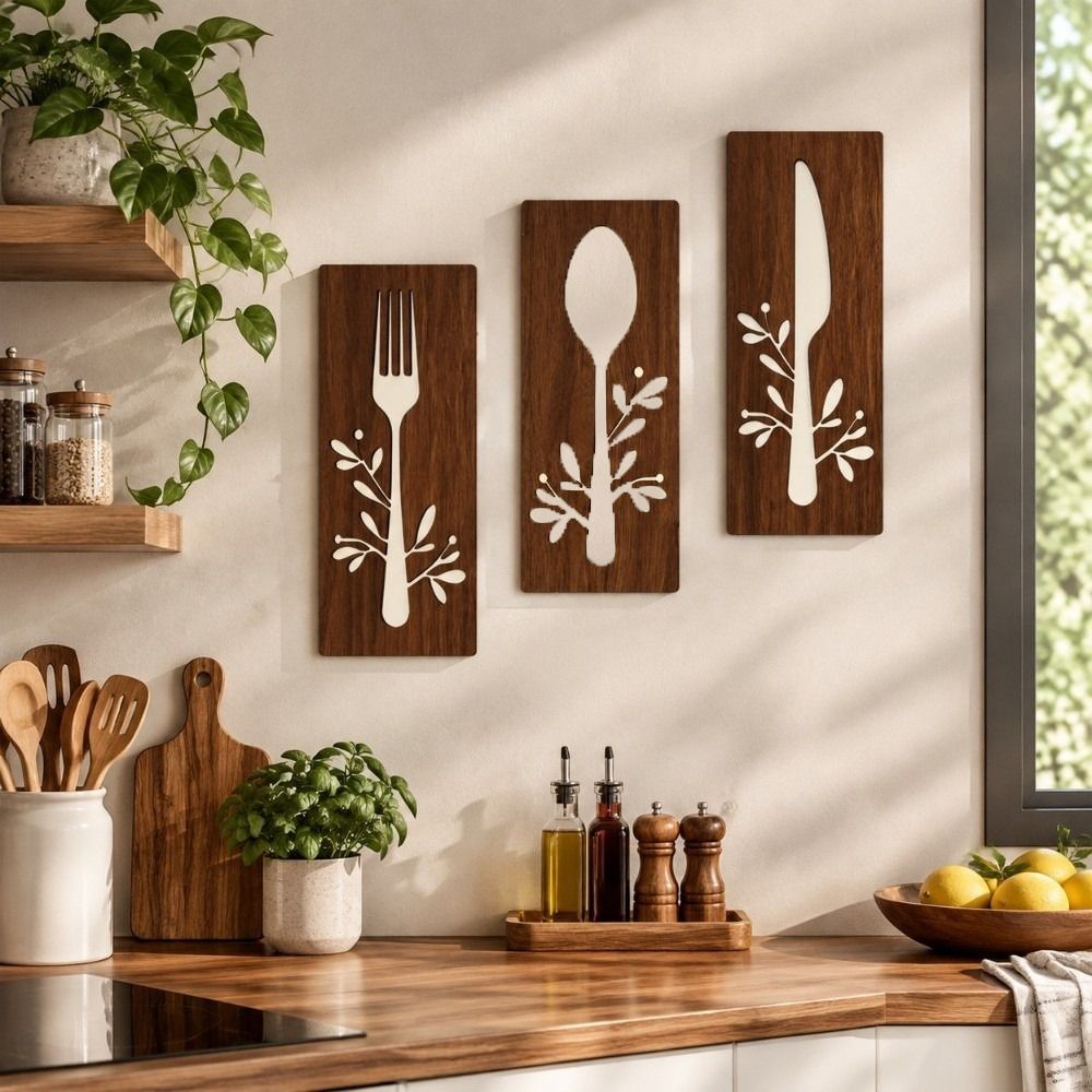 3pcs Spoon Kitchen Tools Wall Plaques Fork Wall Sticker Hangings Creative Wall Art Restaurant Decor