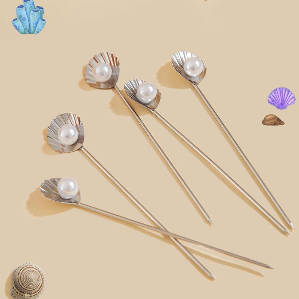 4Pcs 304 Stainless Steel Fruit Stick Shell Pearl Design Wine Needle Cocktail Pick  Bar