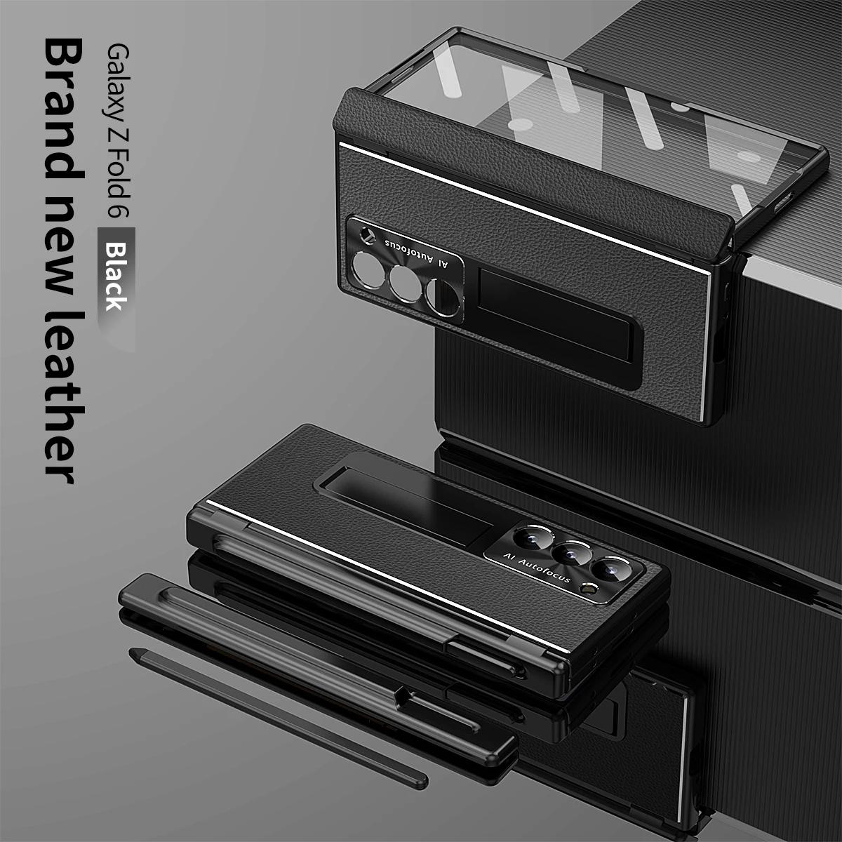 

Металлический чехол из алюминиевого сплава для Samsung Galaxy Z Fold 6 5 4 3 с сенсорной ручкой, кожаный чехол с полной защитой, стеклянная подставка для пленки, складной чехол For Galaxy Z Fold 6