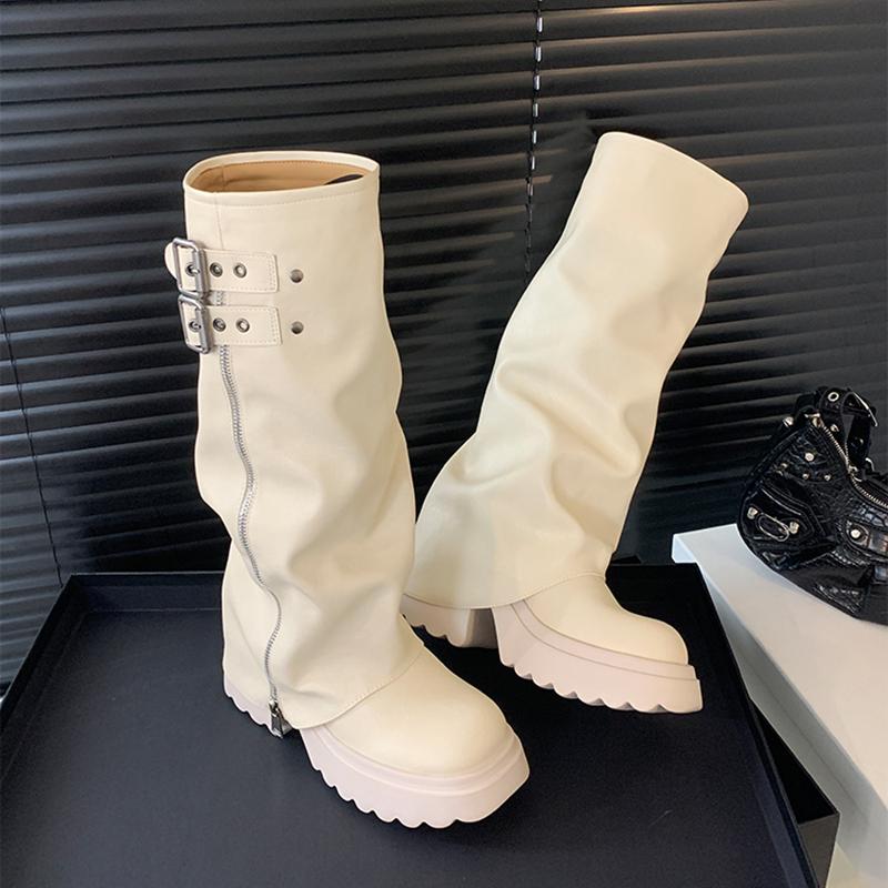 Punk Style Splicing Dicksohl Damen Kniehohe Stiefel Mode Reißverschluss Damen Plateau Ritter Lange Stiefeletten Schuhe